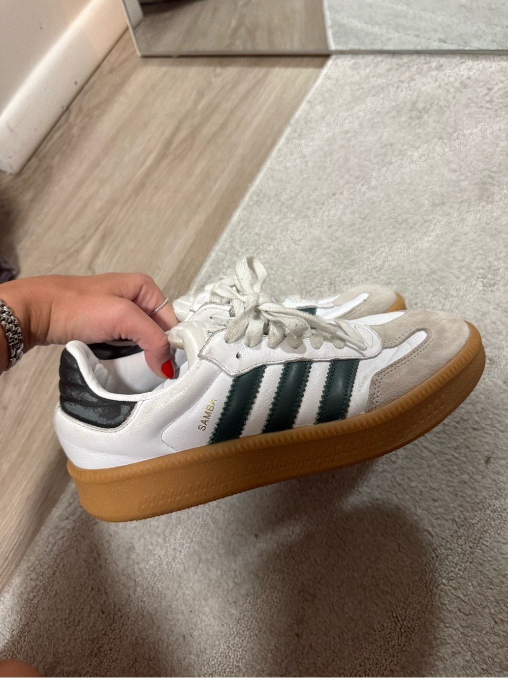 adidas Samba Platform Sneakers in White with Dark Green Stripes and Gum Sole